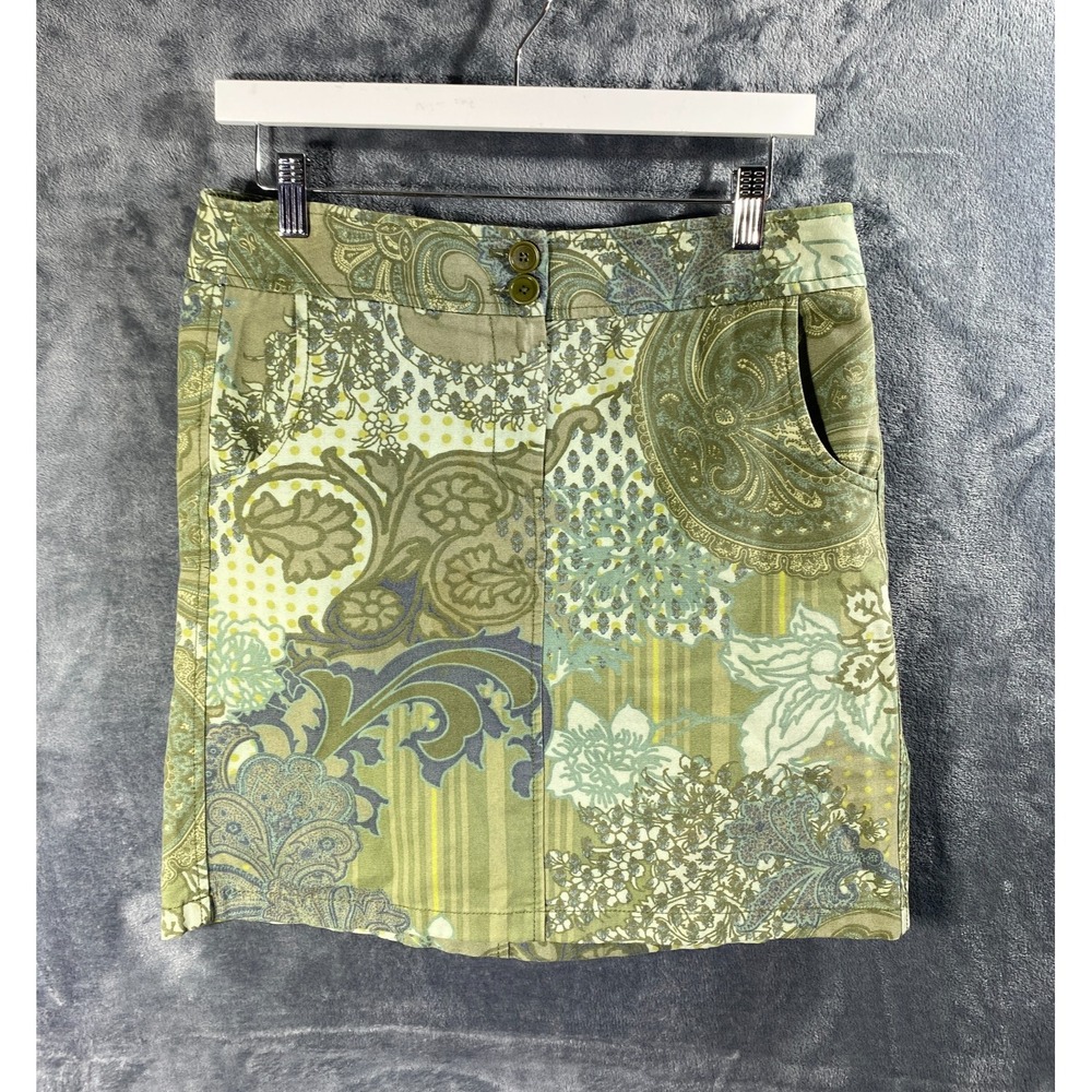 Ann Taylor Paisley Floral Mini Skirt Womens Size 6 Green Blue Cotton Pockets Y2K